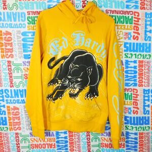 Ed Hardy Black Panther Pullover Hoodie Size S Double Sided Yellow Arm Graphics